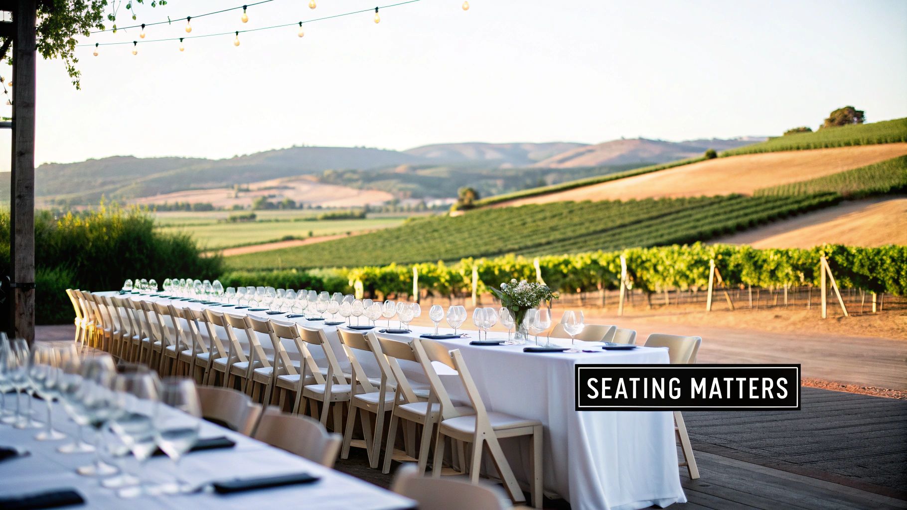 Long outdoor dining table with chairs, glasses, and flowers, overlooking a sunny vineyard landscape.
