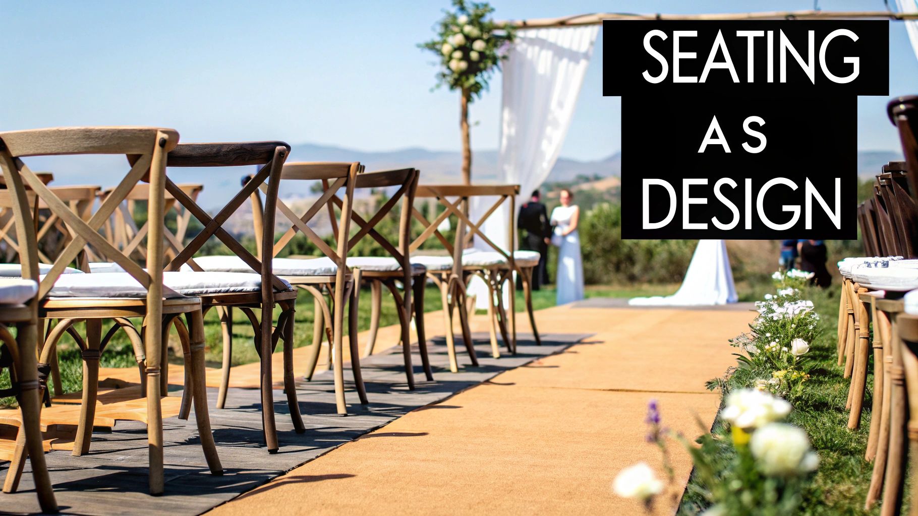 White decorative chairs arranged for a wedding ceremony in a garden setting
