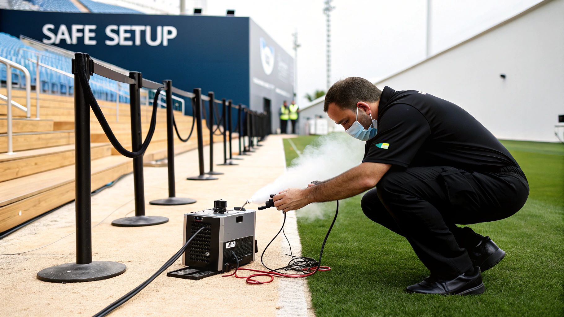 Worker in mask operates a smoke machine on artificial turf near a 'SAFE SETUP' sign at a venue.