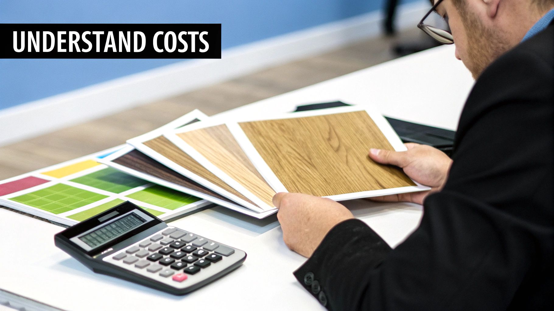 Professional examining wood finish samples with calculator while understanding renovation costs and material pricing