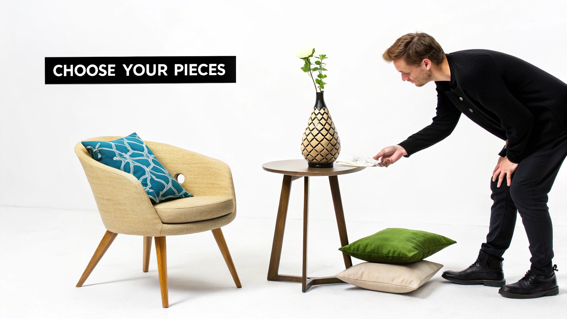 A man examines decorative home pieces including a chair, pillows, a vase, and a table.