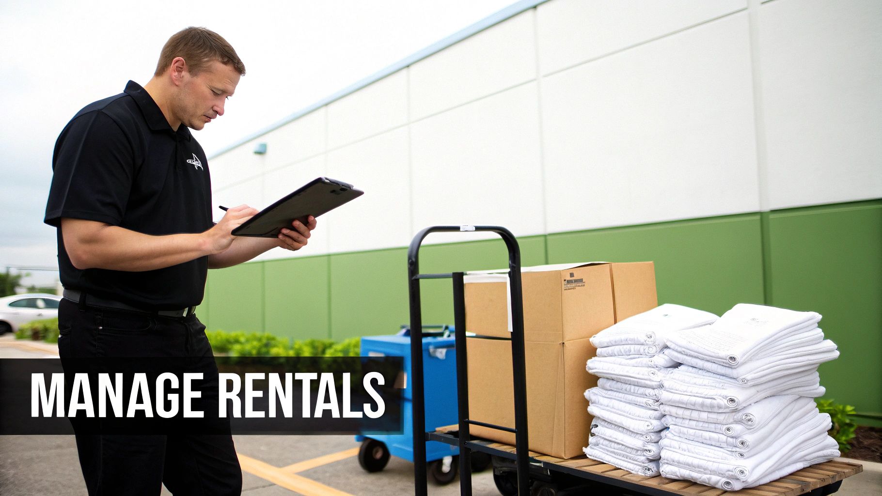 Party rental equipment stacked and ready for collection after an event.