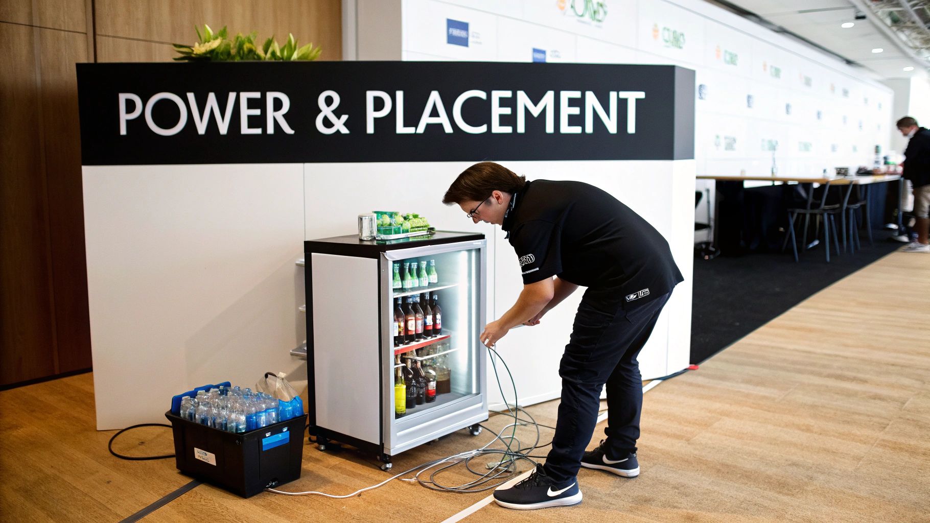 A man bending over, arranging cables next to a mini-fridge filled with beverages, under a 'POWER & PLACEMENT' sign.