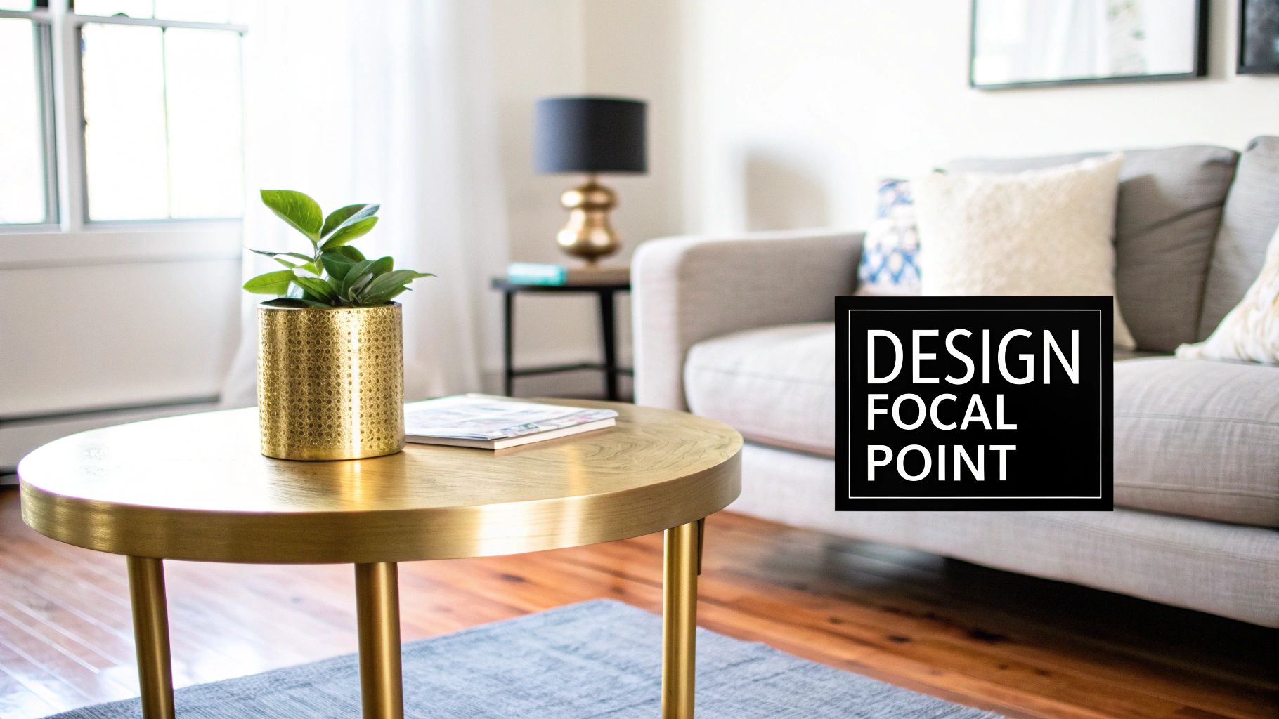 A luxurious living room with a round gold coffee table at the centre, styled with books and a vase.