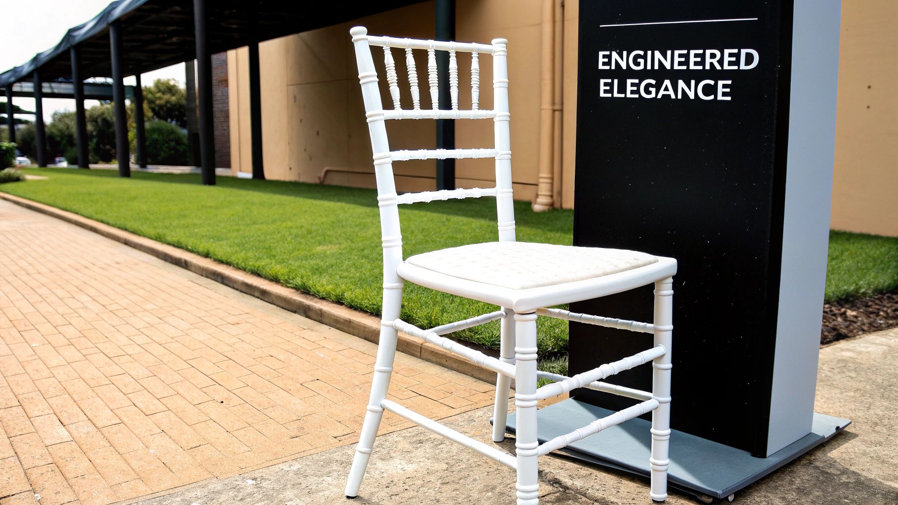 A row of white Tiffany chairs set up for an elegant outdoor event, showcasing their durability and style