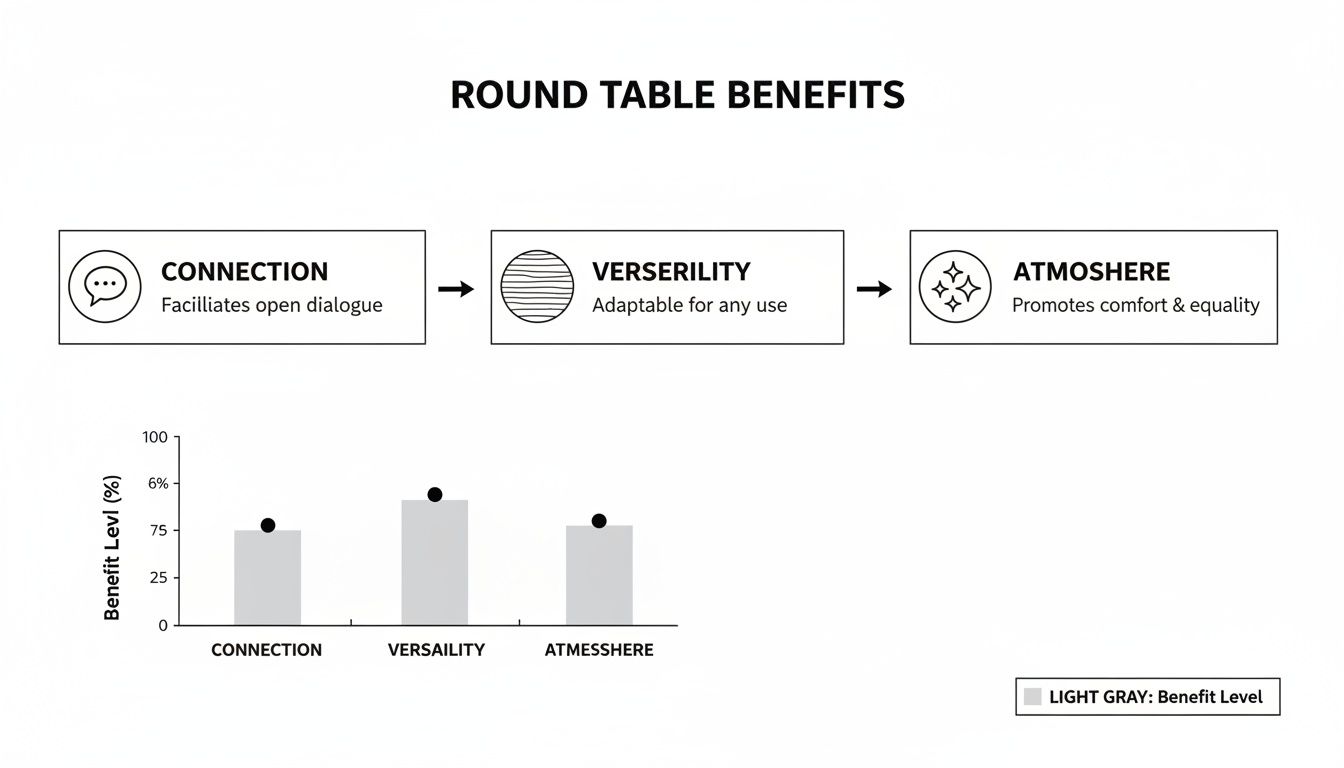 Infographic detailing round table benefits: connection, versatility, and atmosphere, supported by a bar chart.
