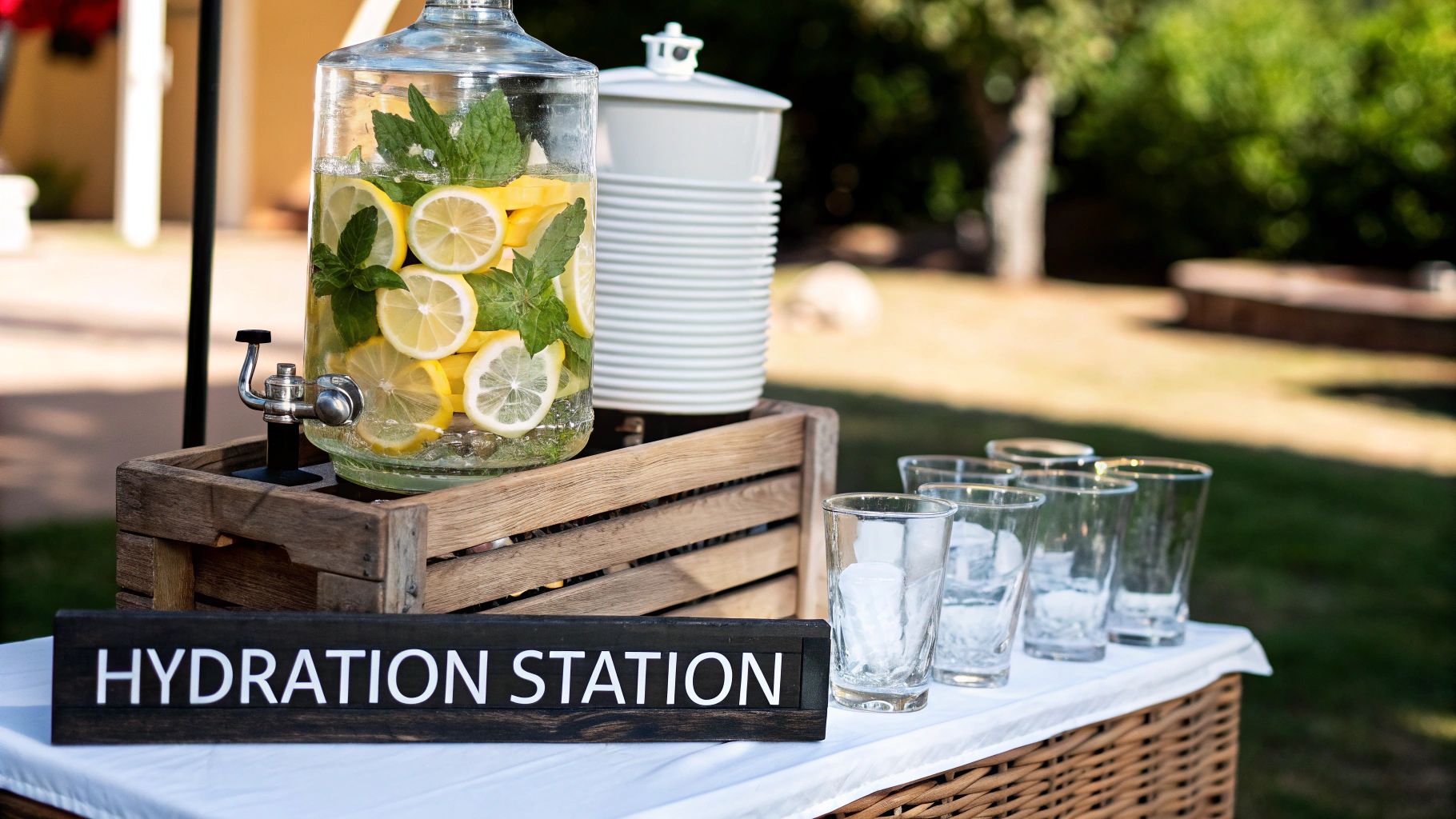 Outdoor hydration station with a glass dispenser of lemon mint water and glasses.