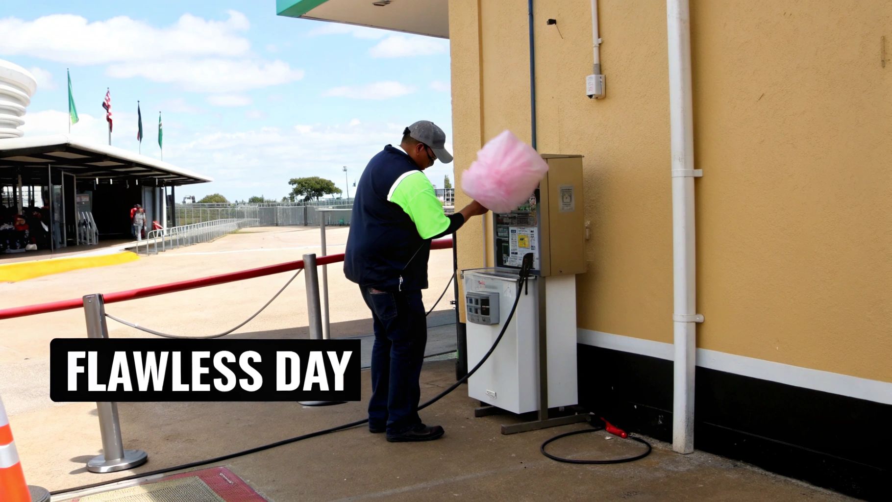 Worker operating cotton candy machine at outdoor venue with pink candy floss