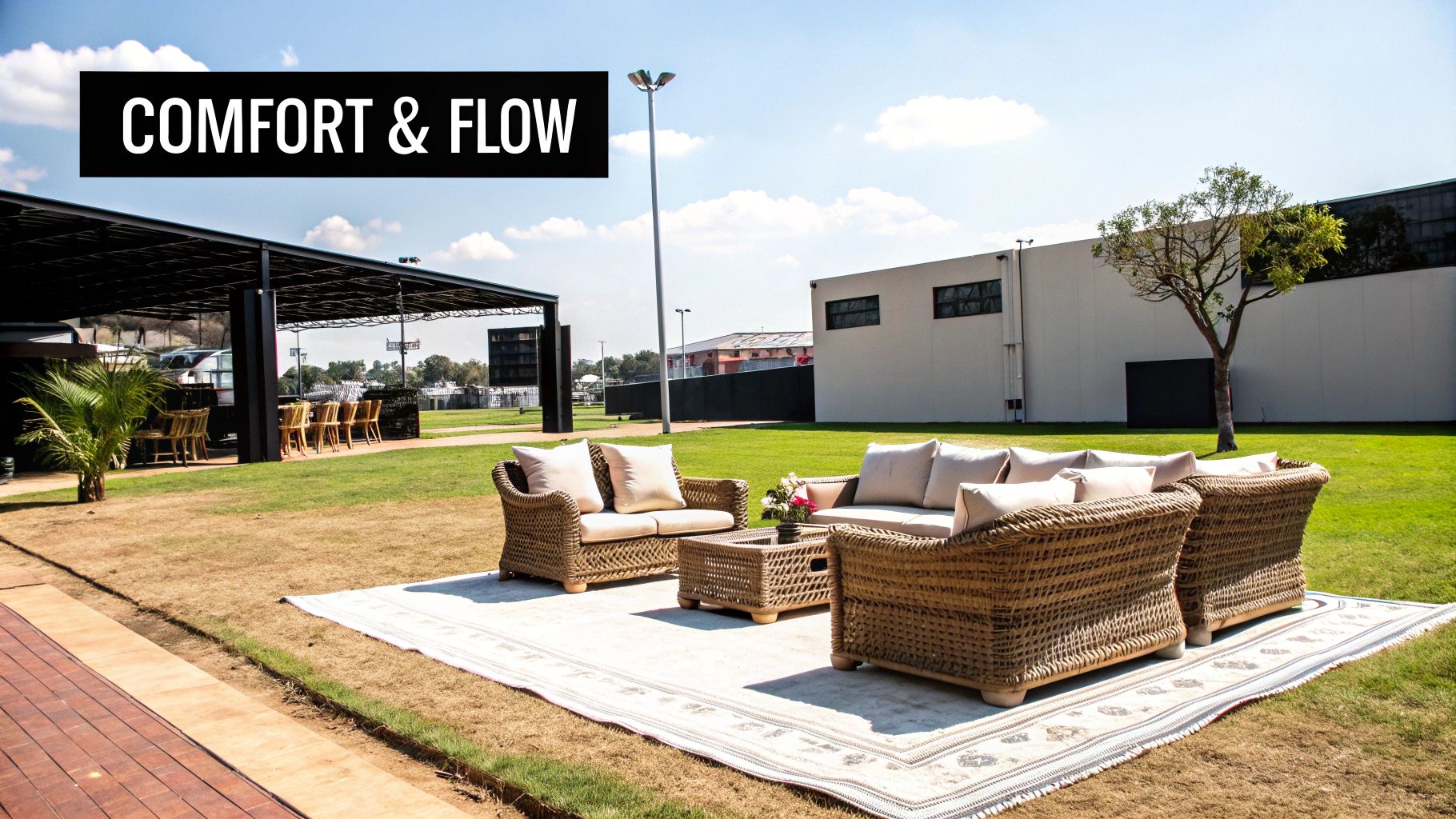 Outdoor wicker furniture set with a sofa, two chairs, and coffee table on a rug.