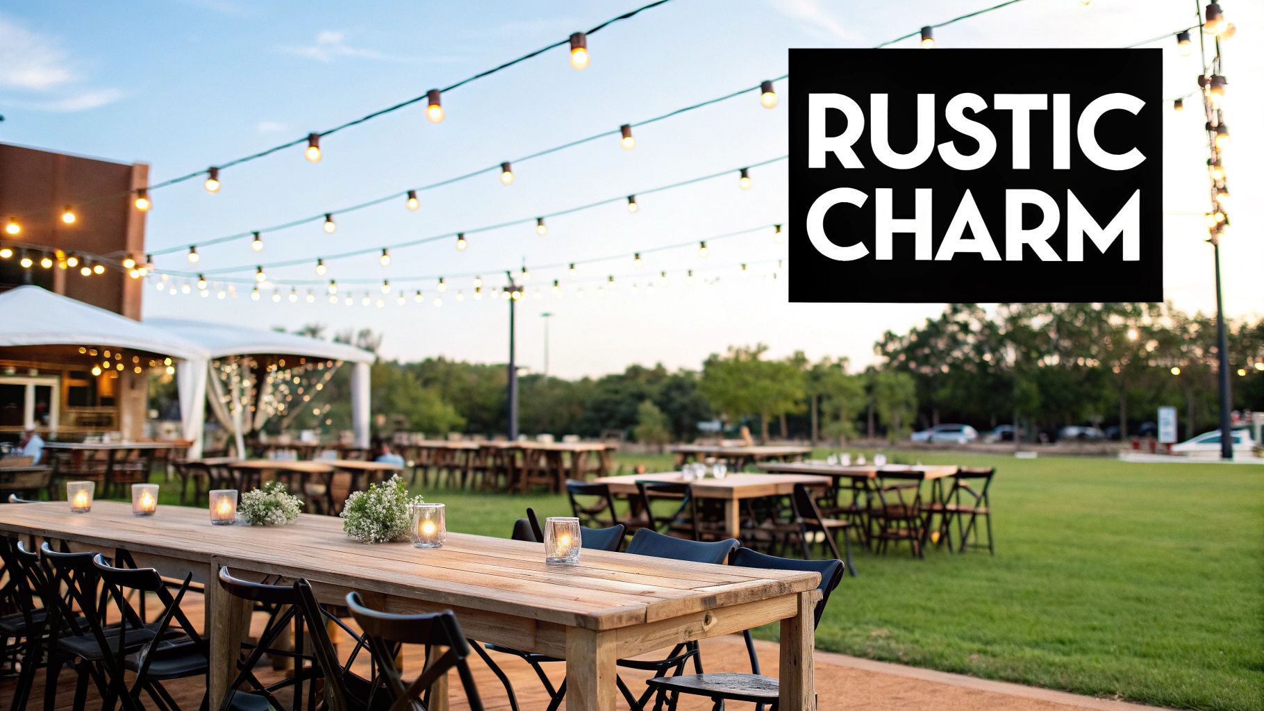 A beautifully arranged outdoor event with long wooden tables and chairs set for a meal.