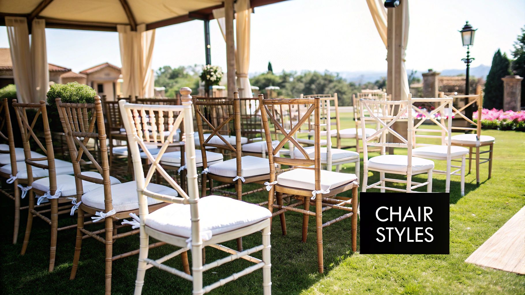 A stunning outdoor wedding ceremony with elegant white chairs for wedding guests arranged on a green lawn.