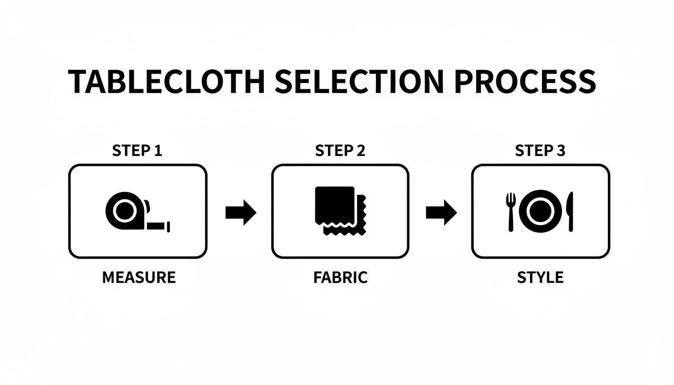 A three-step process flowchart for tablecloth selection showing measure, fabric, and style.