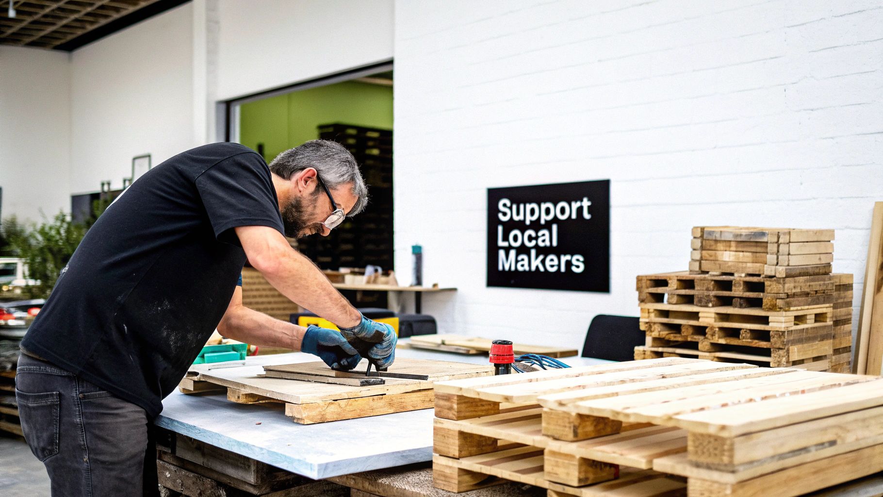 A workshop where a local artisan is crafting pallet wood furniture, with tools and wood shavings around.