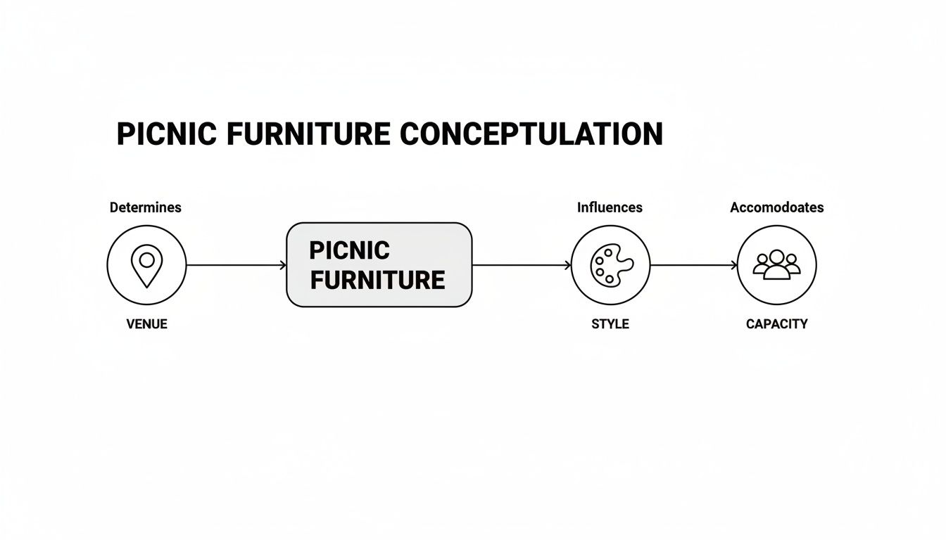 Diagram illustrating how venue determines picnic furniture, which influences style and accommodates capacity.
