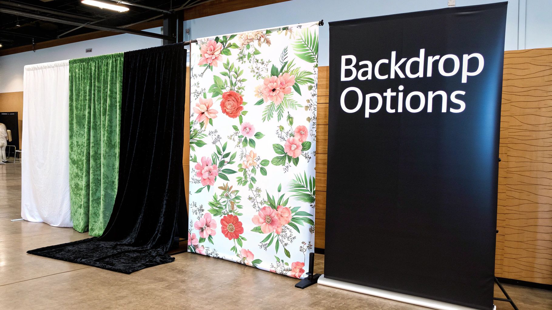 An elegant wedding backdrop with white draping and floral arrangements.