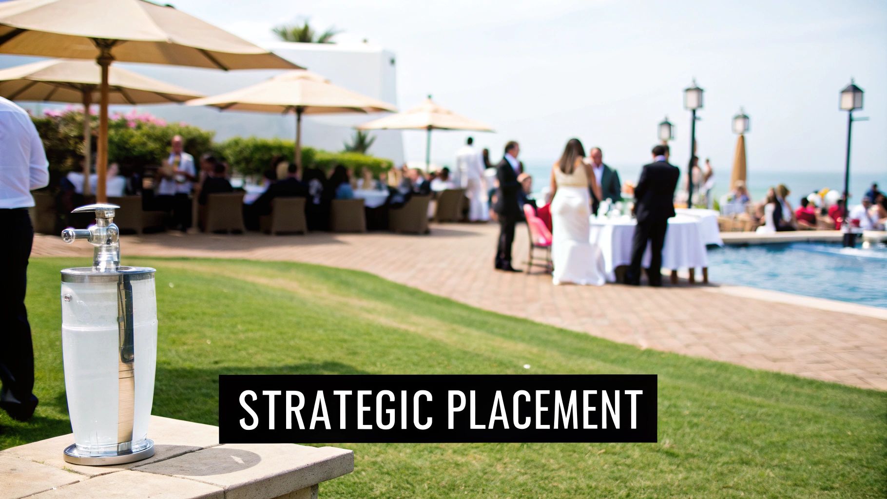 A stylish water dispenser on a stone ledge at an outdoor event with guests by a pool.