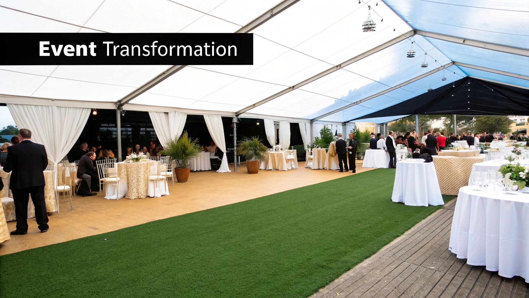 A formal outdoor event under a large tent with guests, tables, and artificial grass.