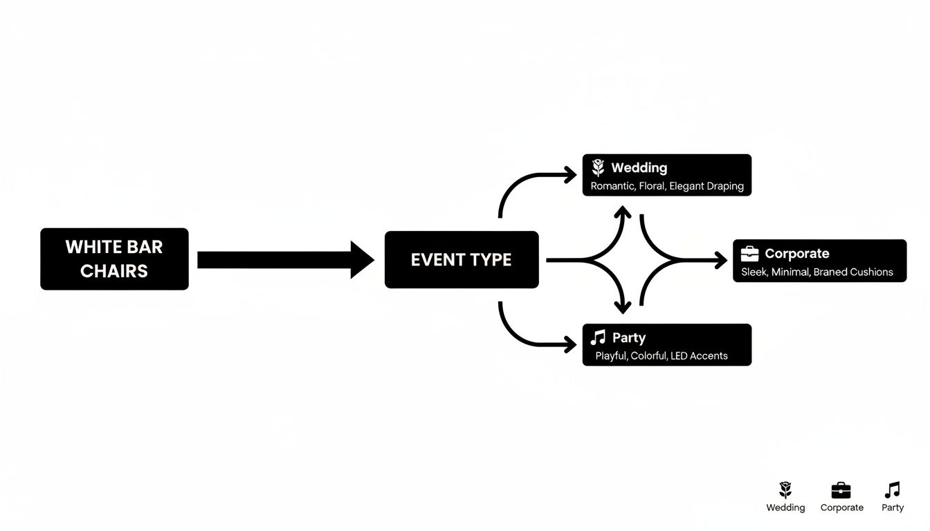 Flowchart showing white bar chairs suitable for various event types: wedding, corporate, and party.