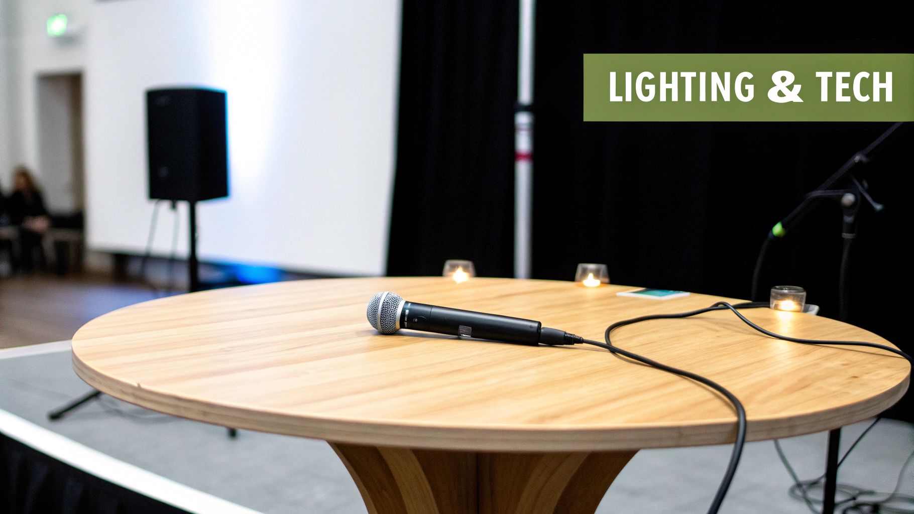 A microphone and lit candles sit on a round wooden table, with event speakers and dark curtains in the background.