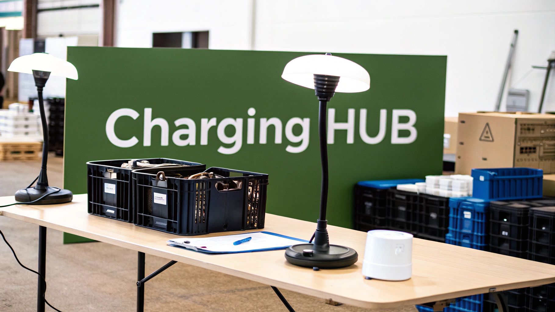 A charging station setup with two lit rechargeable table lamps, crates, and a clipboard.