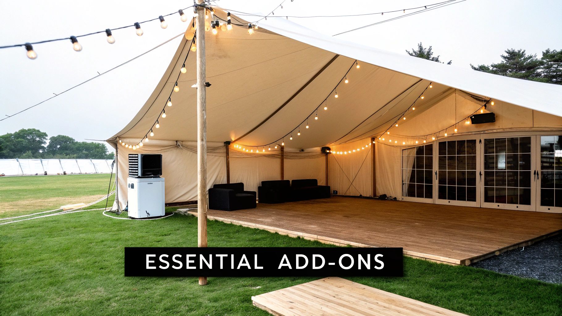 A stylish event tent interior with lounge seating, wooden flooring, and warm string lights.