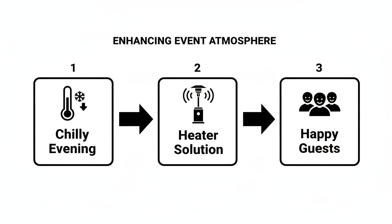 Diagram showing how a heater solution transforms a chilly evening into happy guests for an enhanced event atmosphere.