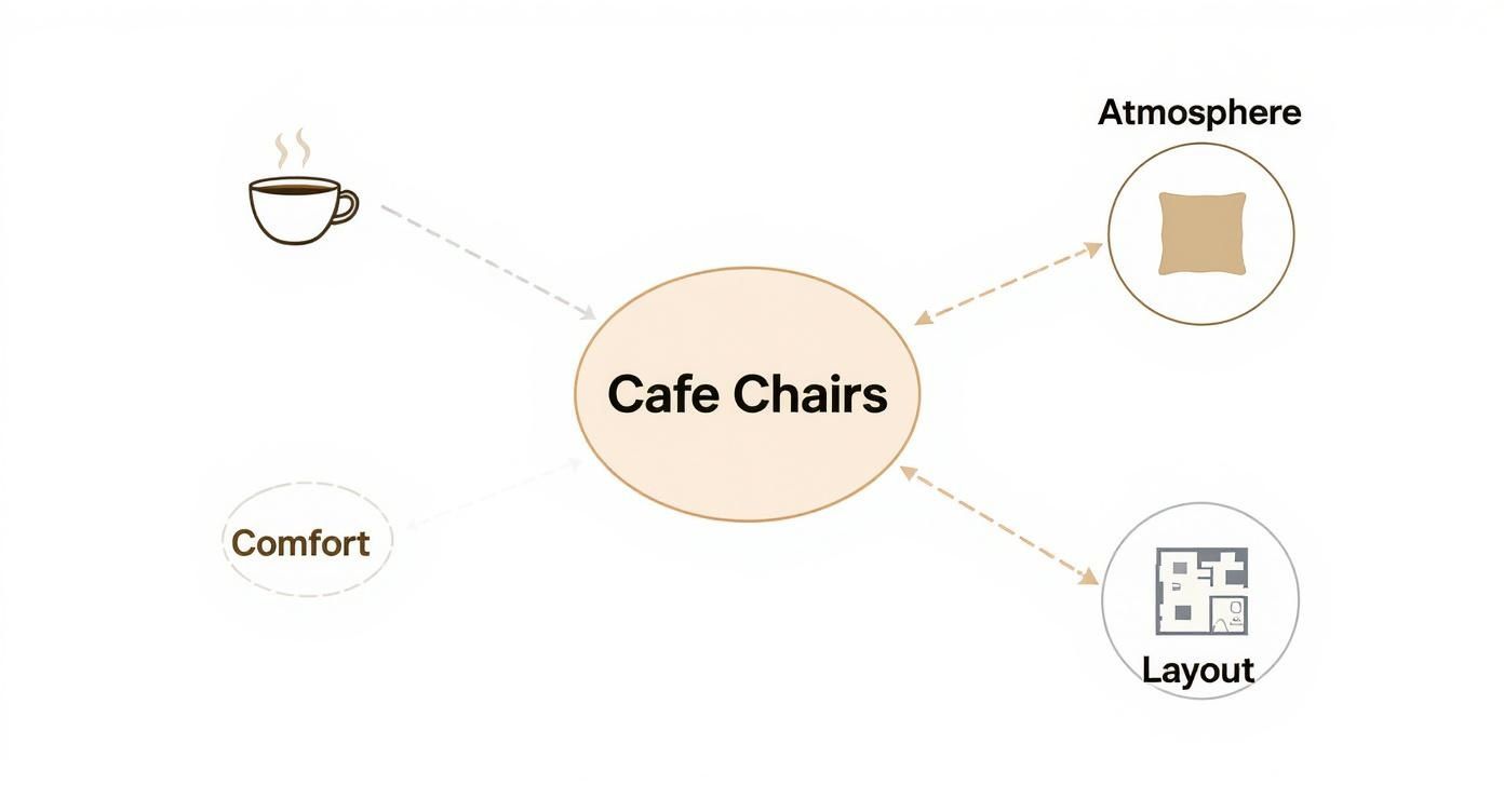 Diagram showing cafe chairs influenced by atmosphere, layout, comfort, and coffee service factors