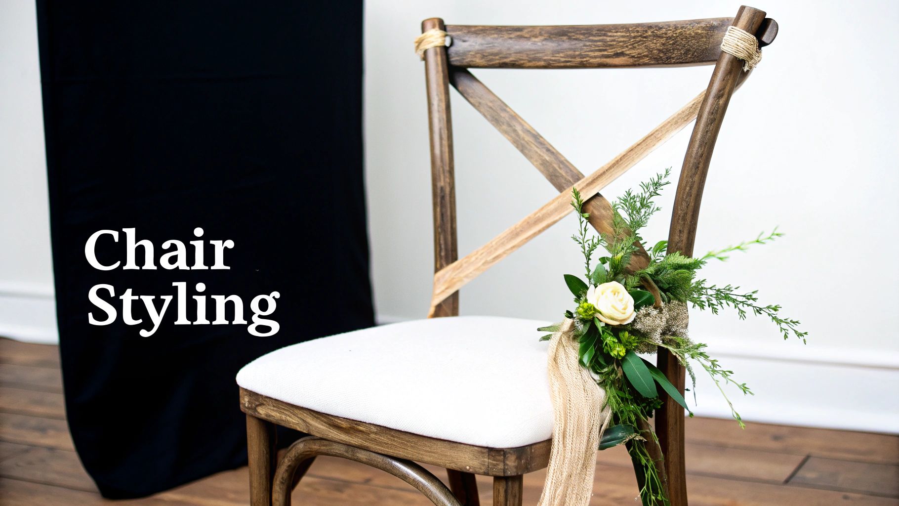 Woman decorating a cross back chair with a flower arrangement