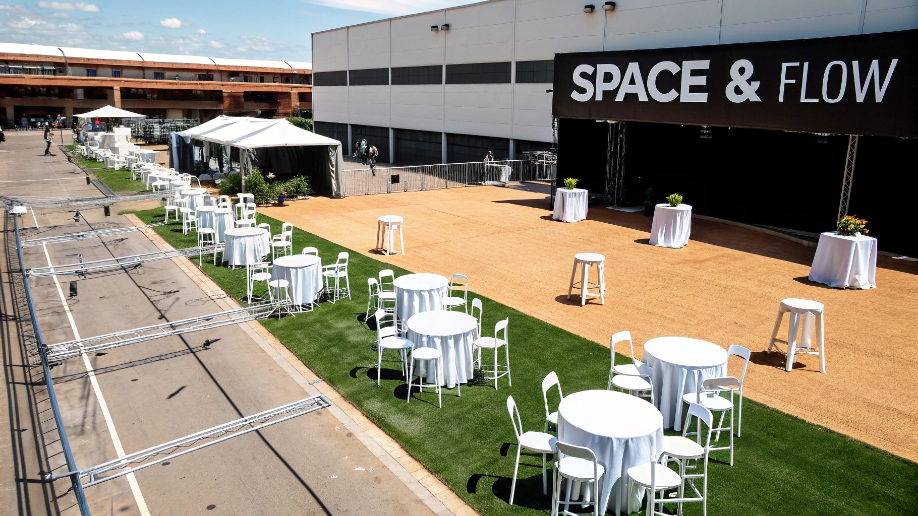 An outdoor event space with white tables, chairs, and tents, featuring a 'SPACE & FLOW' stage banner.