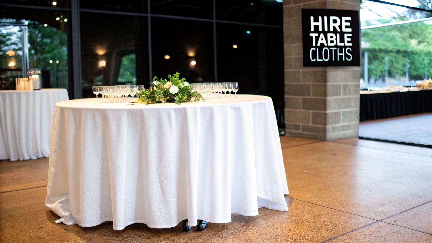 A round table covered with a white tablecloth, adorned with a floral centerpiece and glasses.