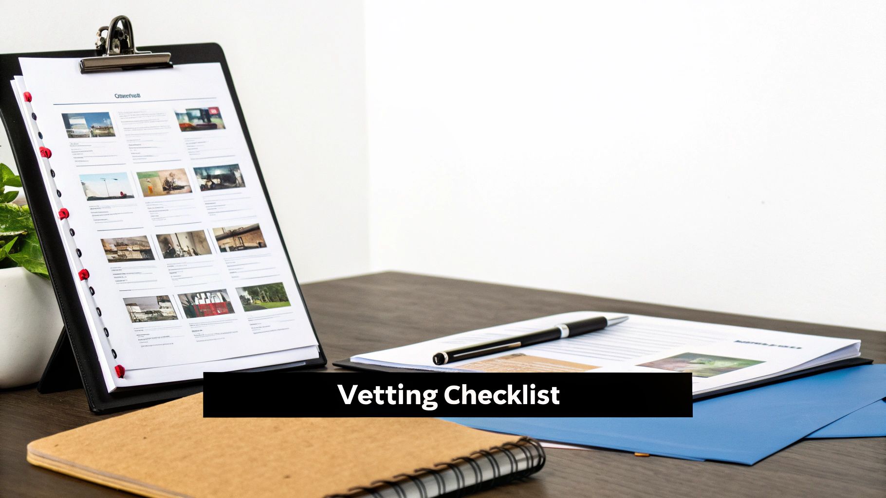 A document holder displaying images and text, a pen, a notebook, and a blue folder on a desk.