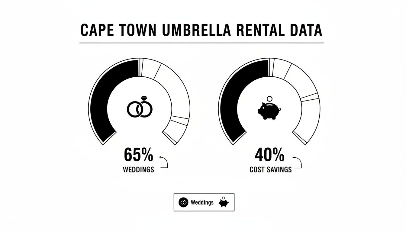 A data visualization showing Cape Town umbrella rental trends: 65% for weddings, 40% for cost savings.