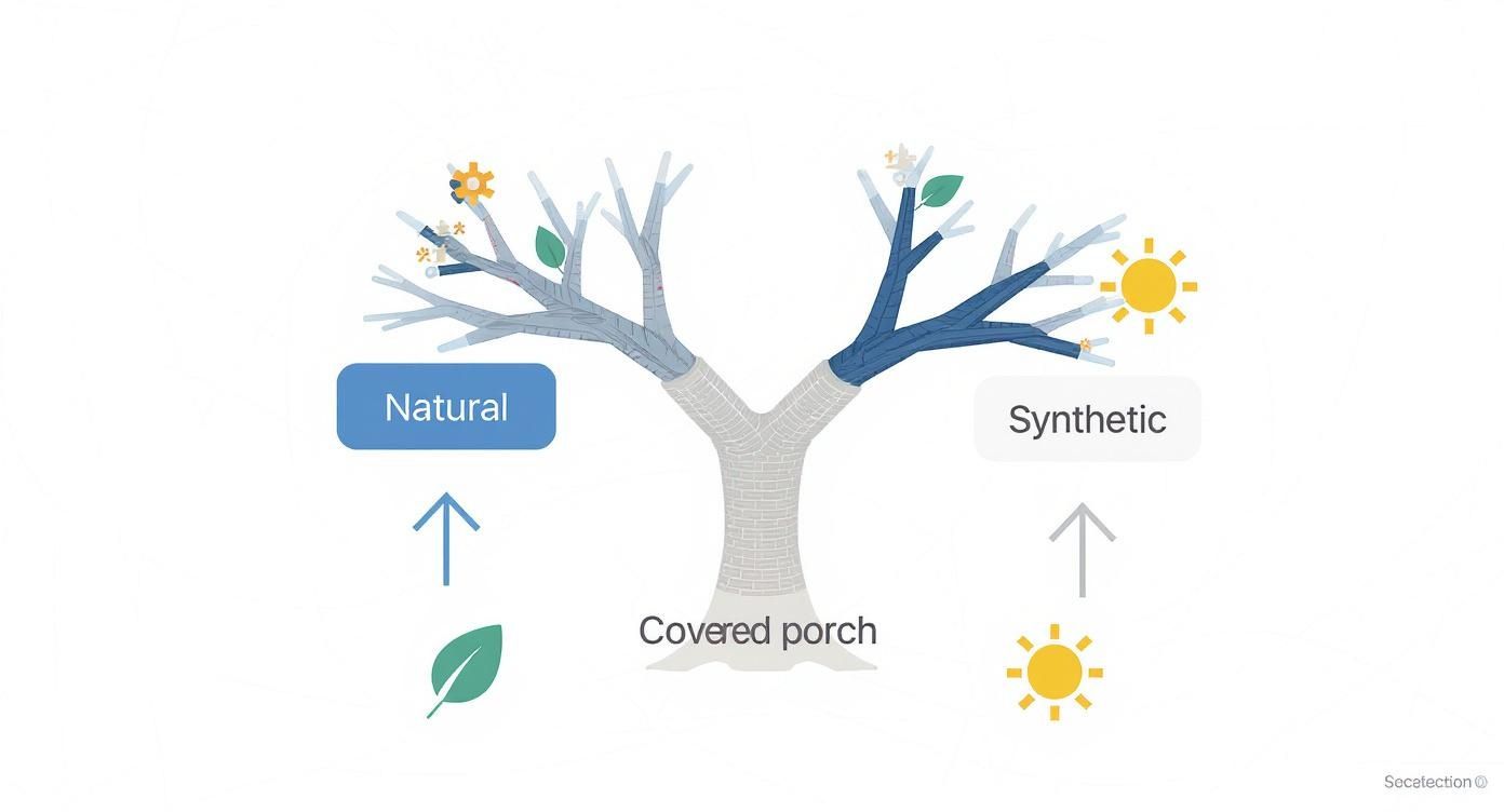 A diagram of a tree showing natural elements (leaves, gears) and synthetic elements (sun, leaves) linked to a covered porch.