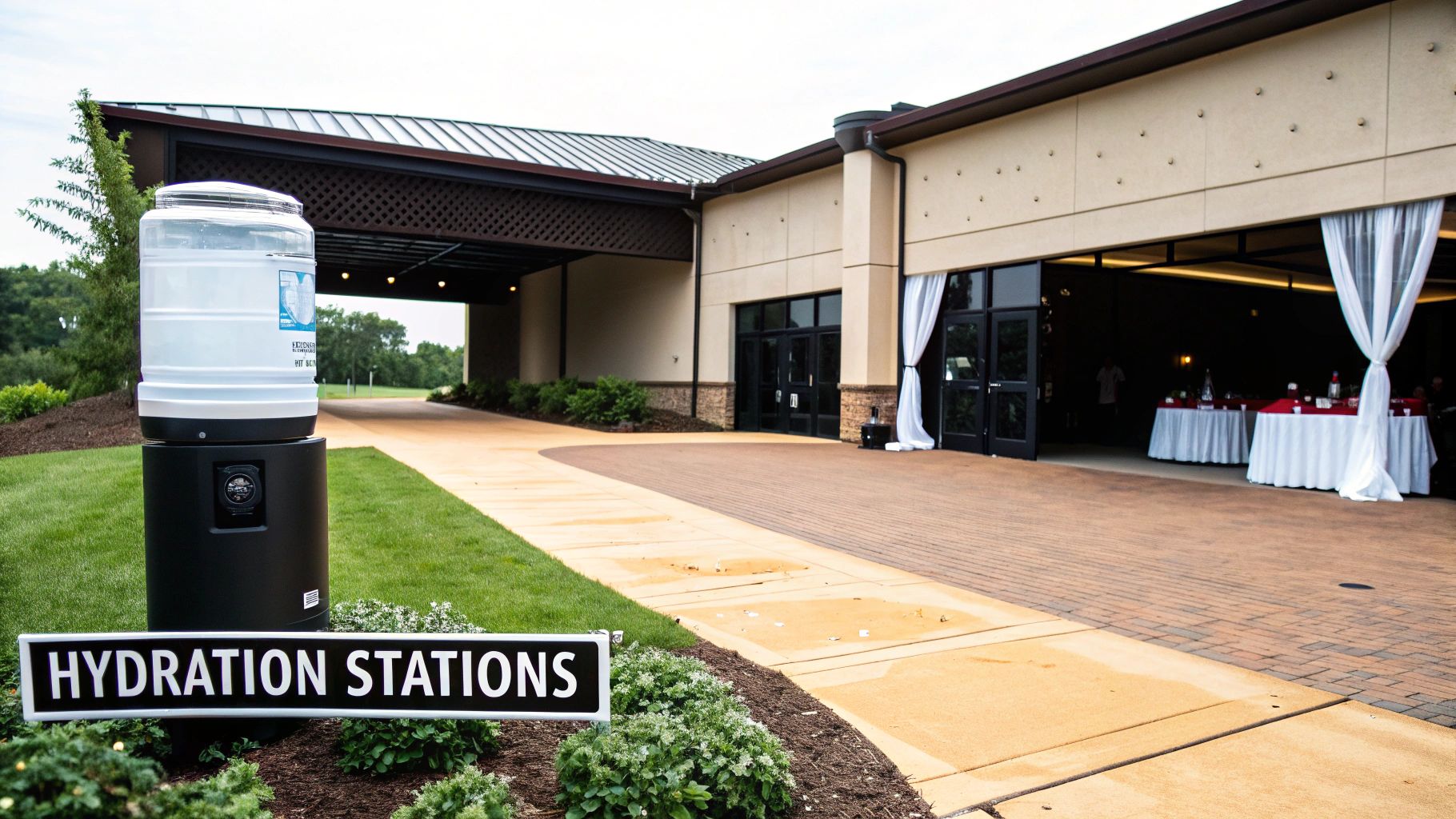 A hydration station water cooler on grass next to a path leading to an outdoor event venue.