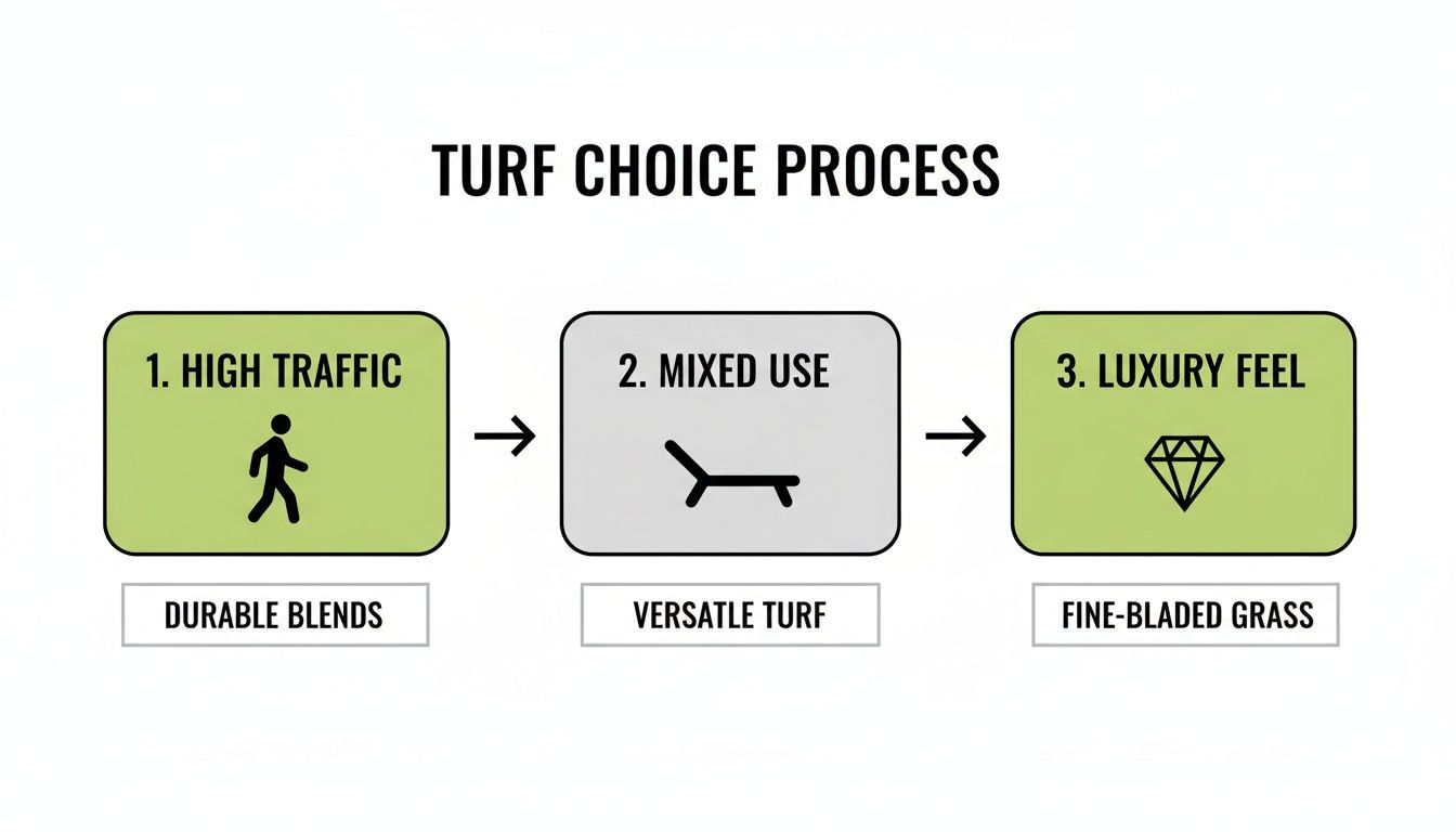 A flow chart detailing the turf choice process: high traffic requires durable blends, mixed use needs versatile turf, and luxury feel uses fine-bladed grass.