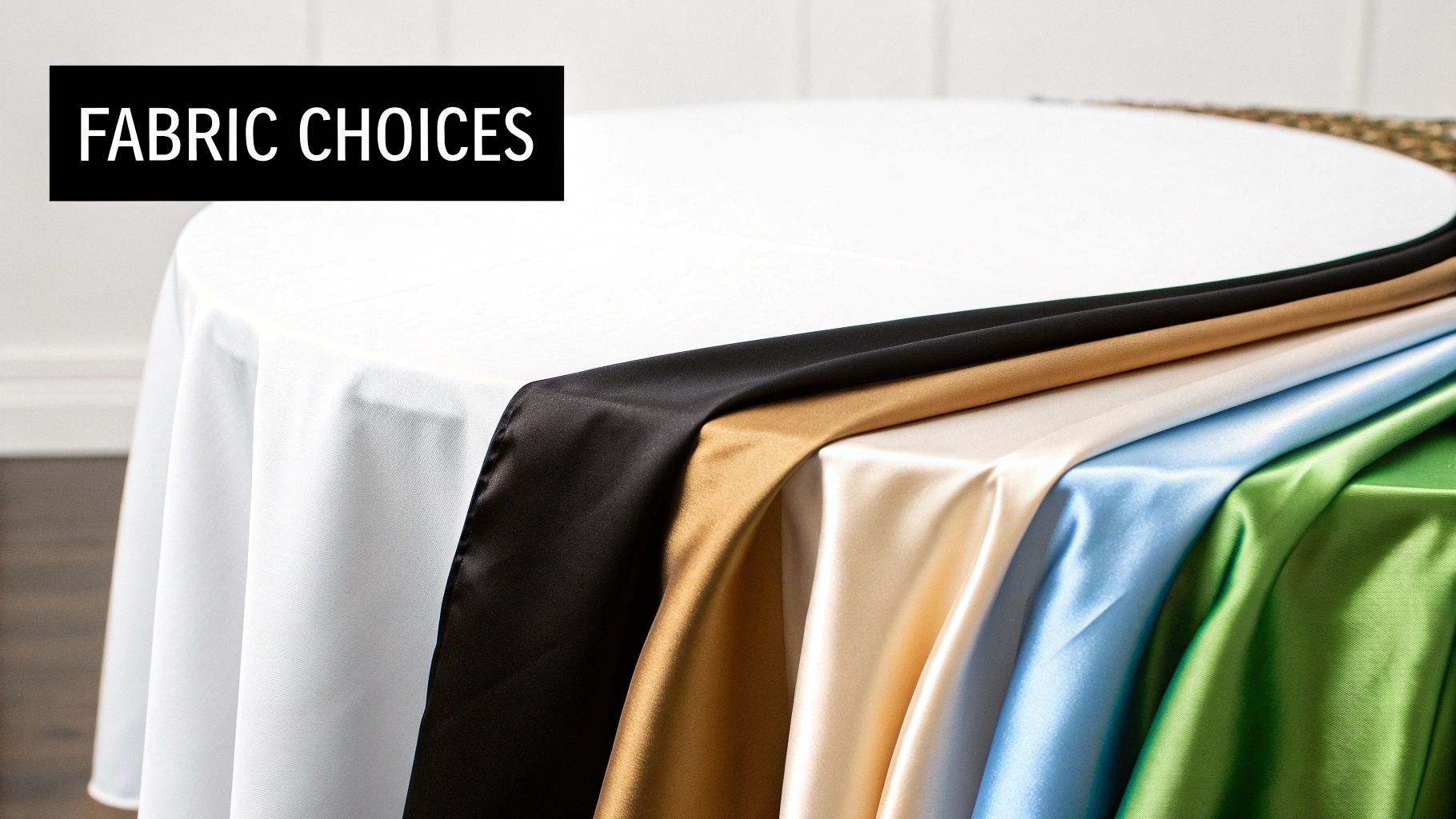 Various colorful satin fabric swatches, including black, gold, and blue, draped over a white round tablecloth.