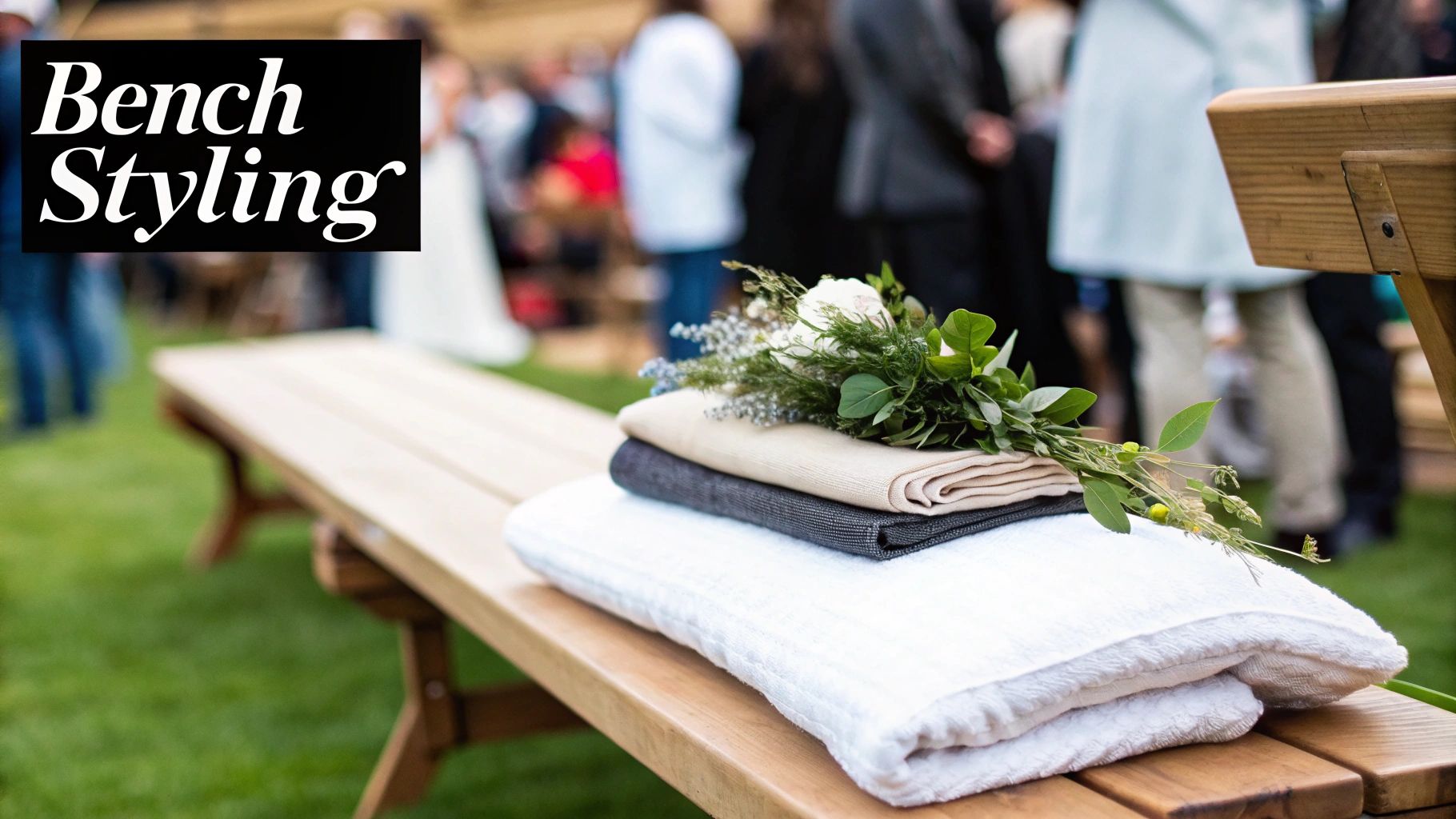A beautifully styled wooden bench outdoors with folded blankets and a floral arrangement, with blurred people in the background.
