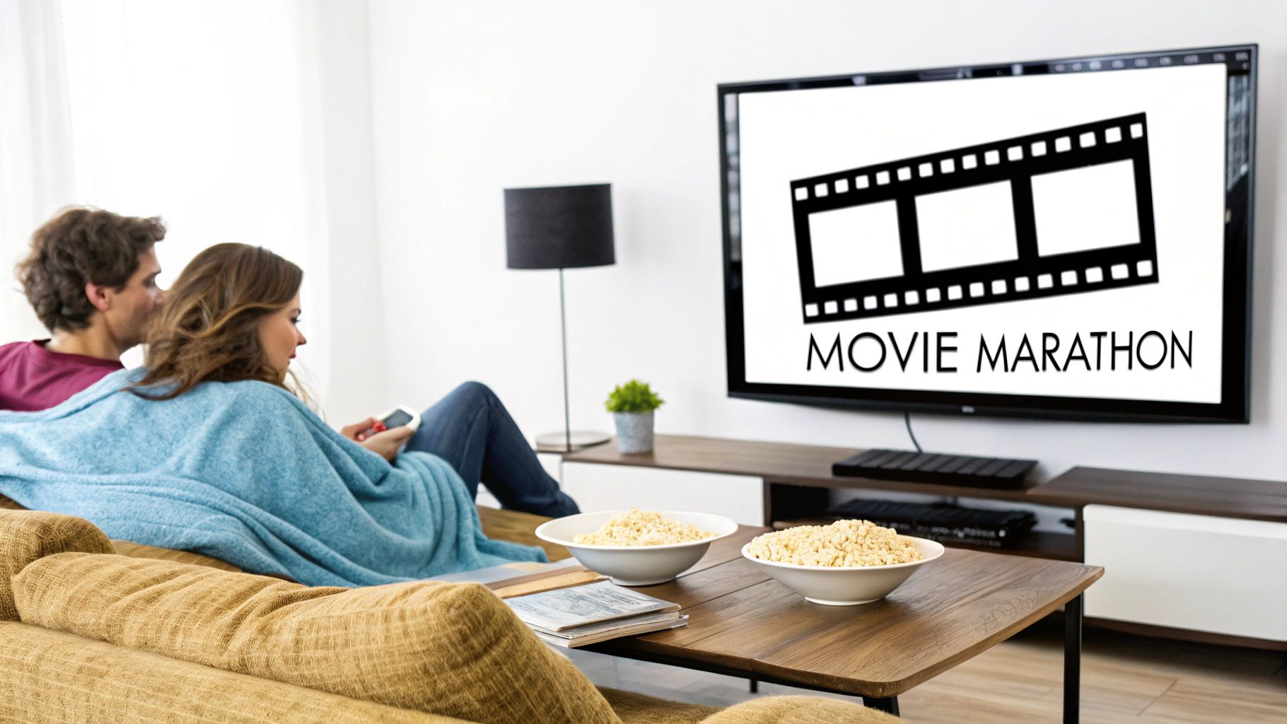 A couple cozy on a couch watching a 'Movie Marathon' on TV with popcorn.