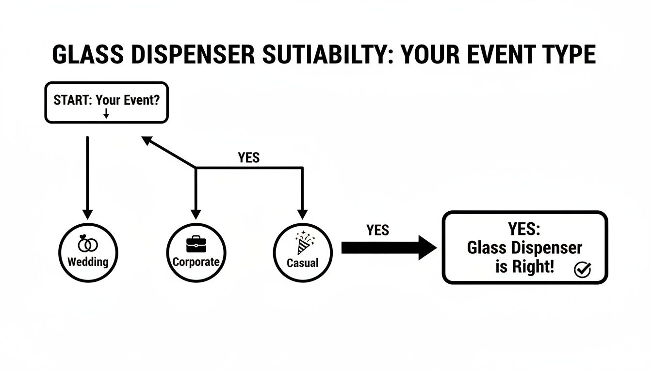 Flowchart illustrating glass dispenser suitability for various event types, including wedding, corporate, and casual.