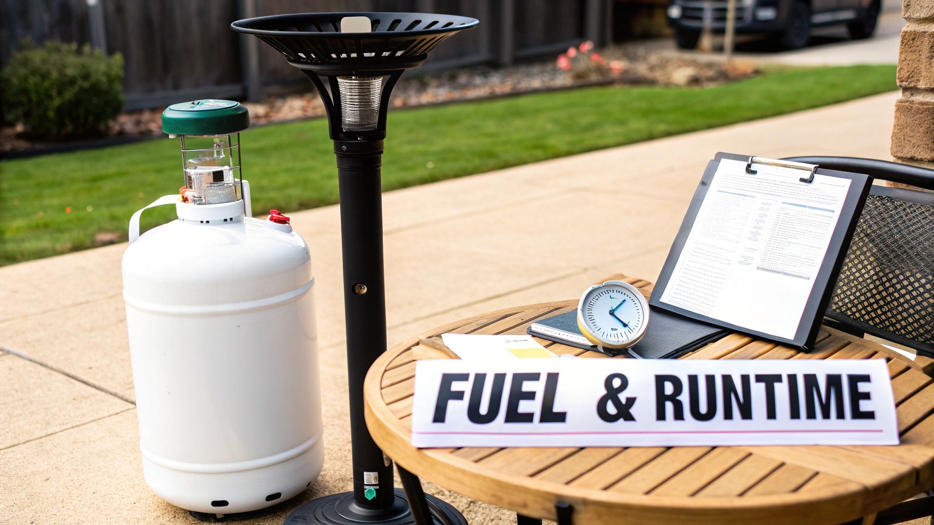 Outdoor patio scene with a gas heater, propane tank, and a sign reading 'FUEL & RUNTIME' on a wooden table.