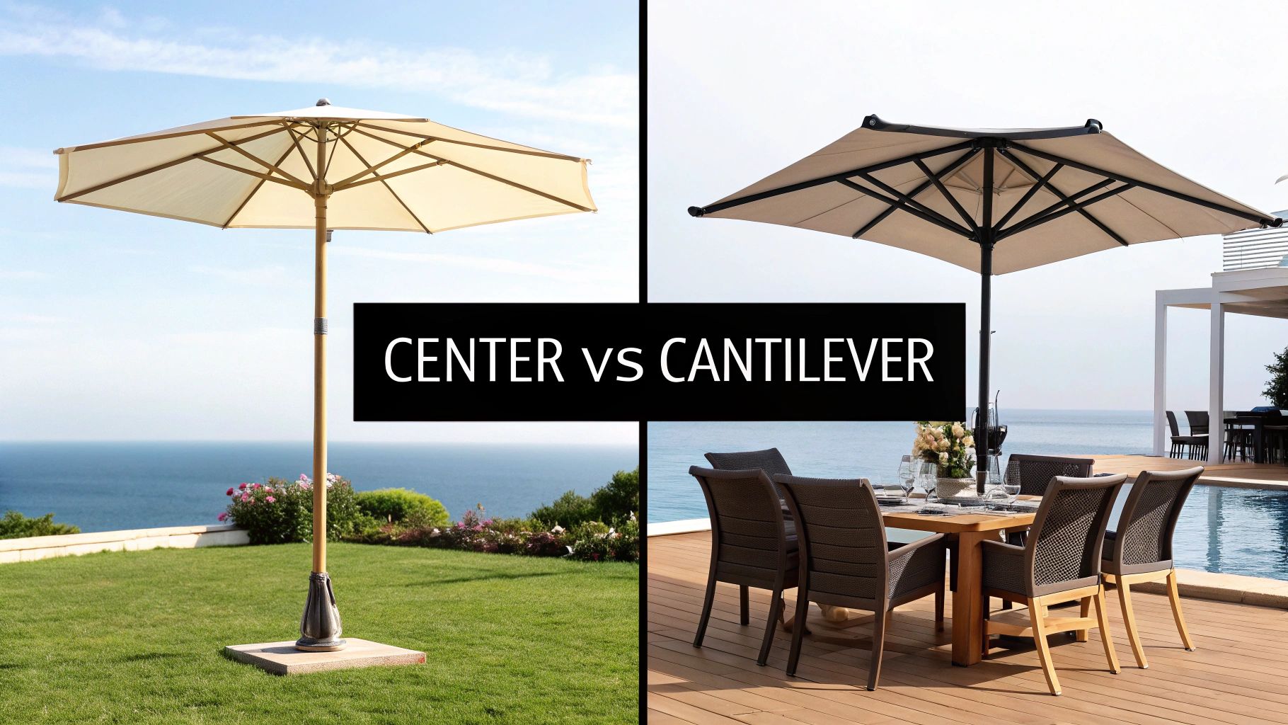 A large, beige cantilever patio umbrella shades an outdoor seating area by a pool.