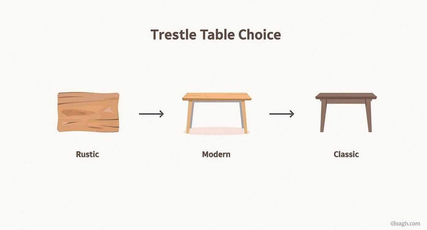 Three trestle table style options showing rustic wood plank, modern light wood, and classic dark wood designs