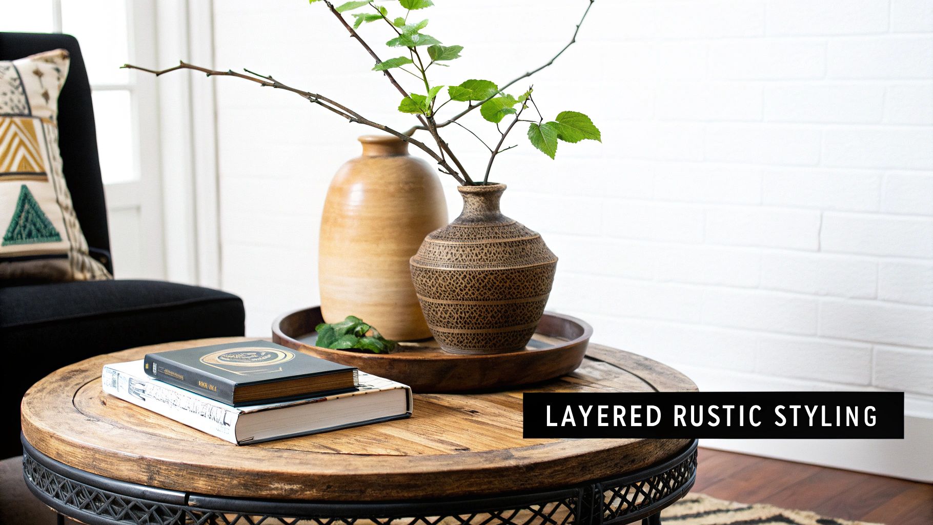 A rustic cocktail table styled with books, a small plant, and a candle in a bright living room.