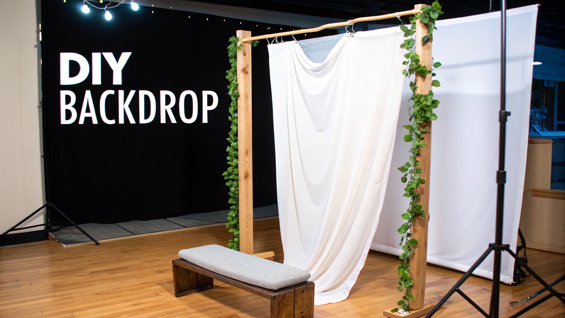 A DIY wedding decor backdrop with a wooden frame, white fabric, artificial ivy, and a cushioned bench.
