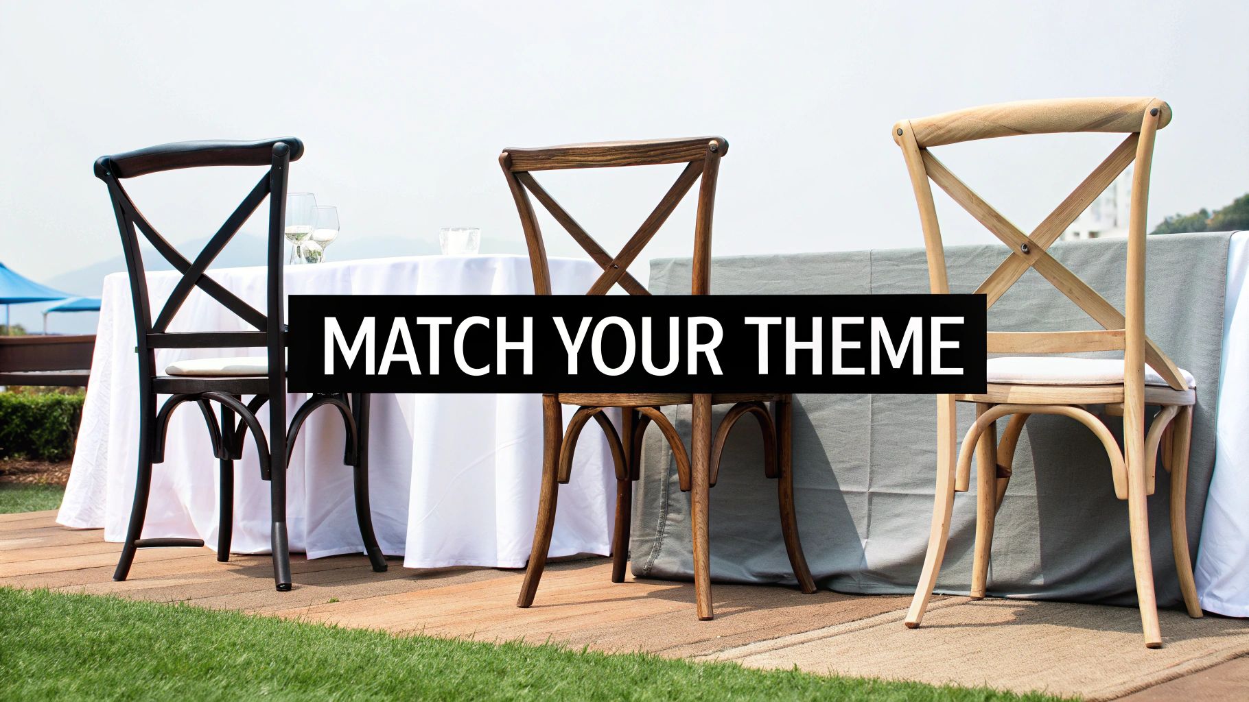 Cross back chairs set up for an outdoor wedding reception