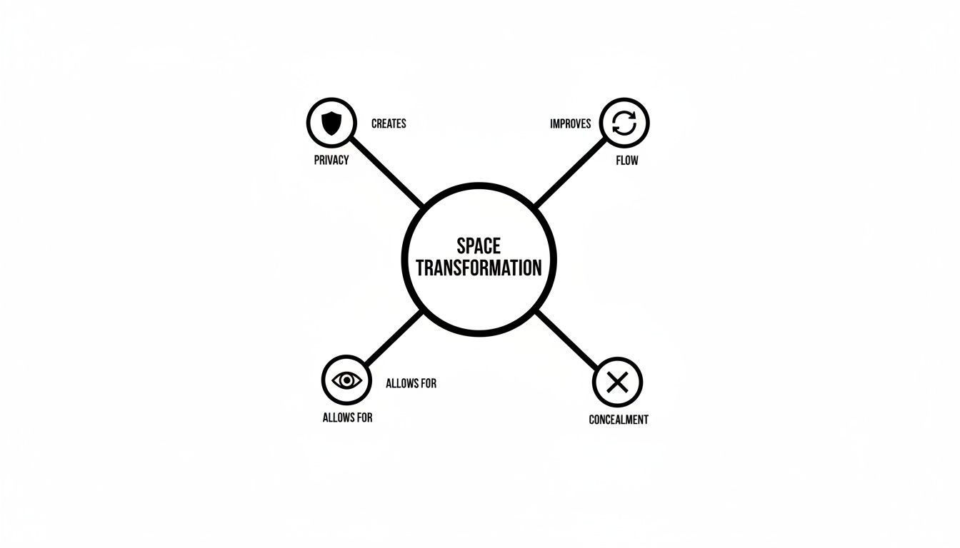 A diagram illustrating space transformation benefits, including creating privacy, improving flow, allowing for visibility, and providing concealment.