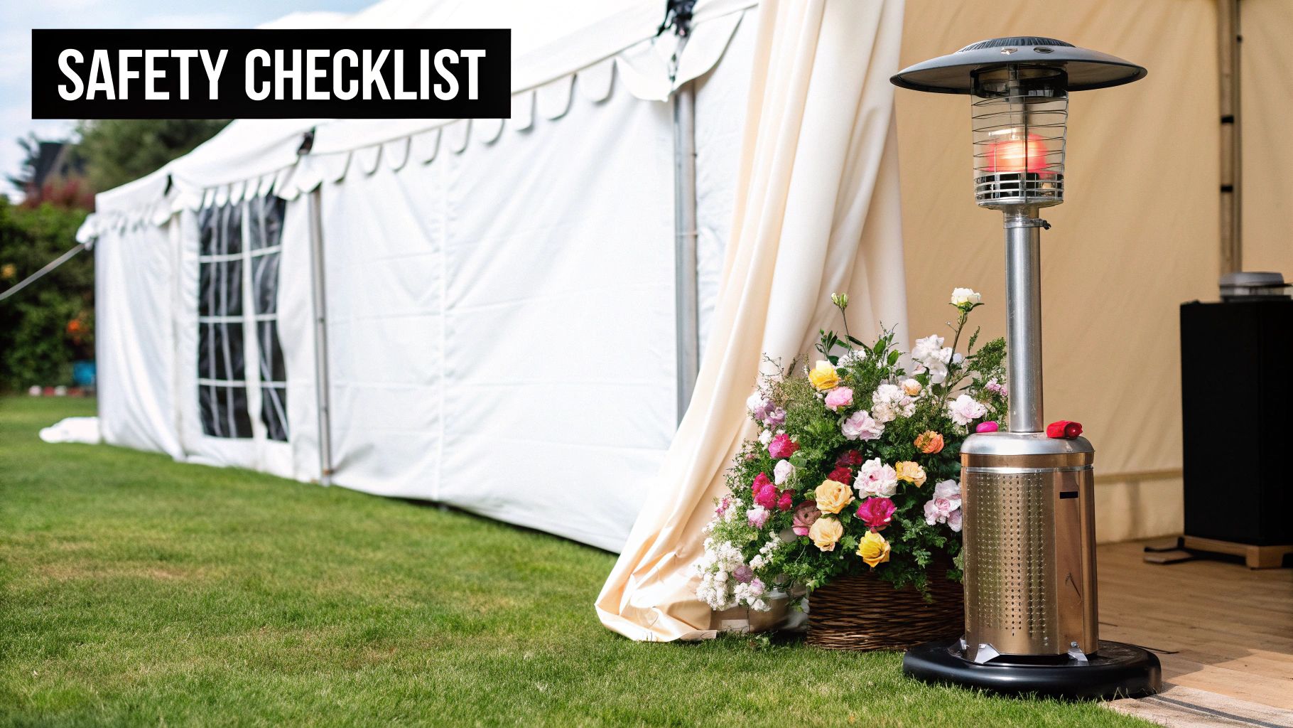 A safety checklist banner, white tent, flowers, and a gas patio heater at an outdoor event.