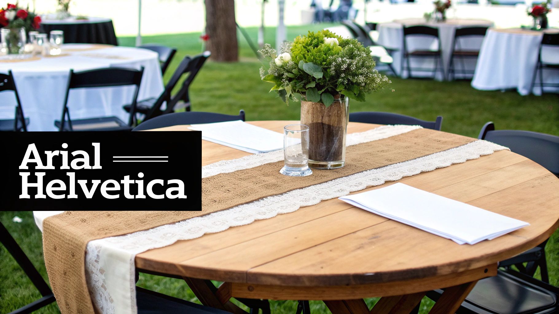 A round wooden table set for an outdoor event with a burlap runner, floral centerpiece, and glasses.