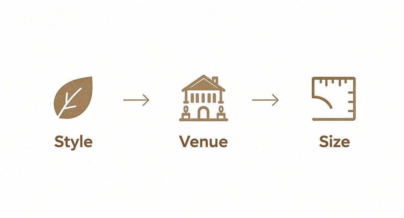 A diagram with three icons and labels: leaf for Style, building for Venue, ruler for Size, connected by arrows.