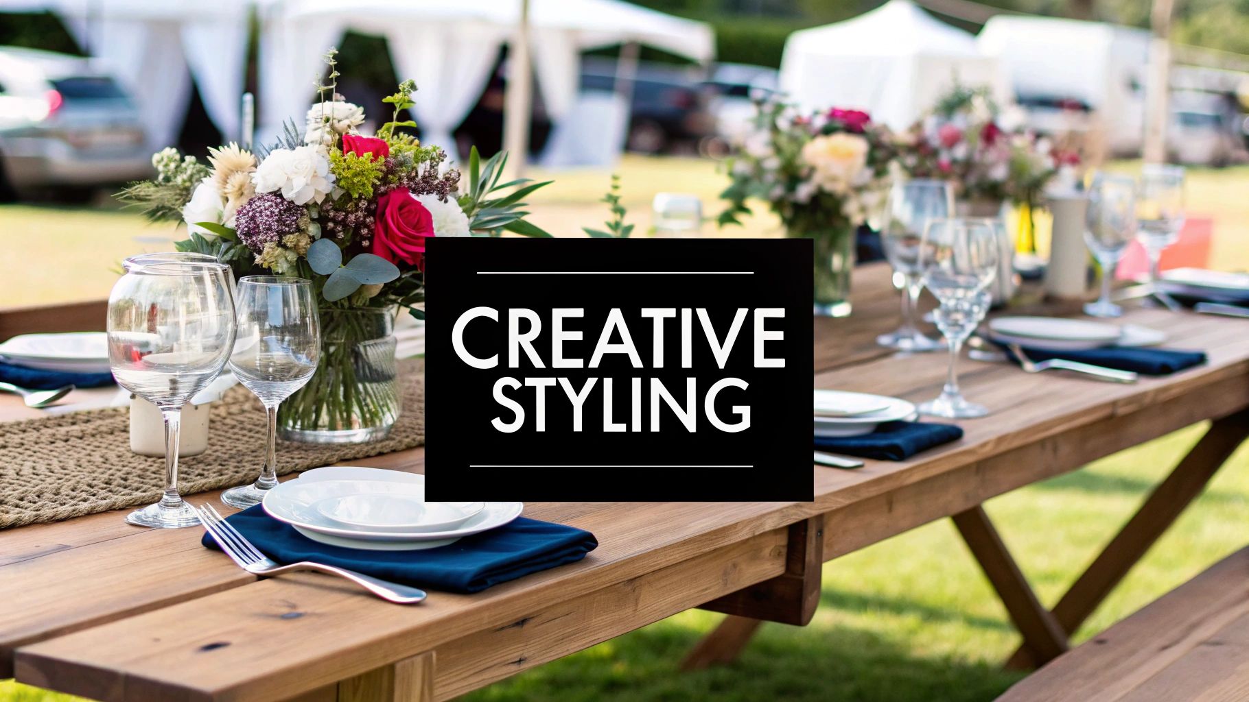 A beautifully decorated wooden table set for an elegant garden party.